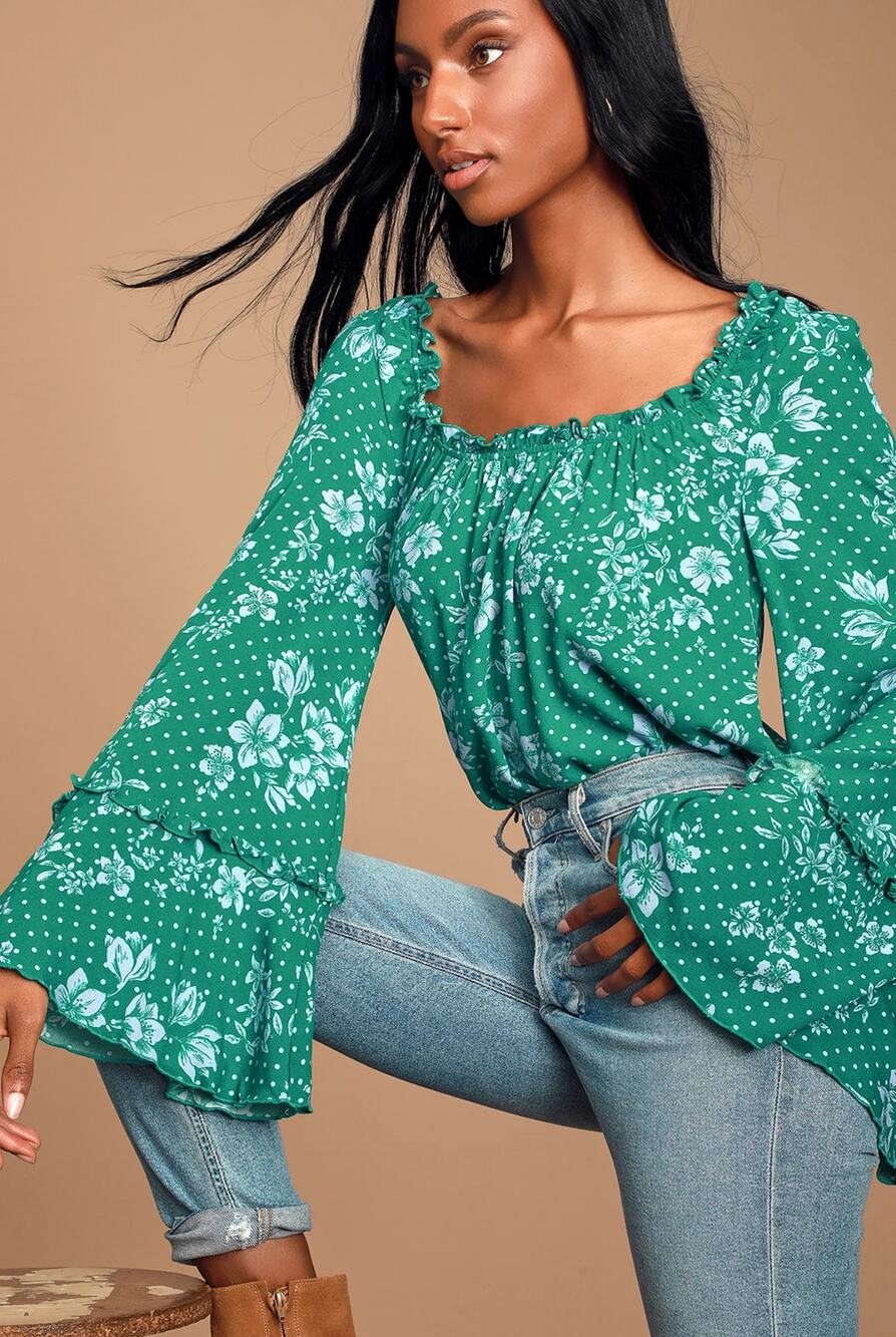 Free People Green One on One Date Long Sleeve Ruffle Scoop Neck Bodysuit Top S